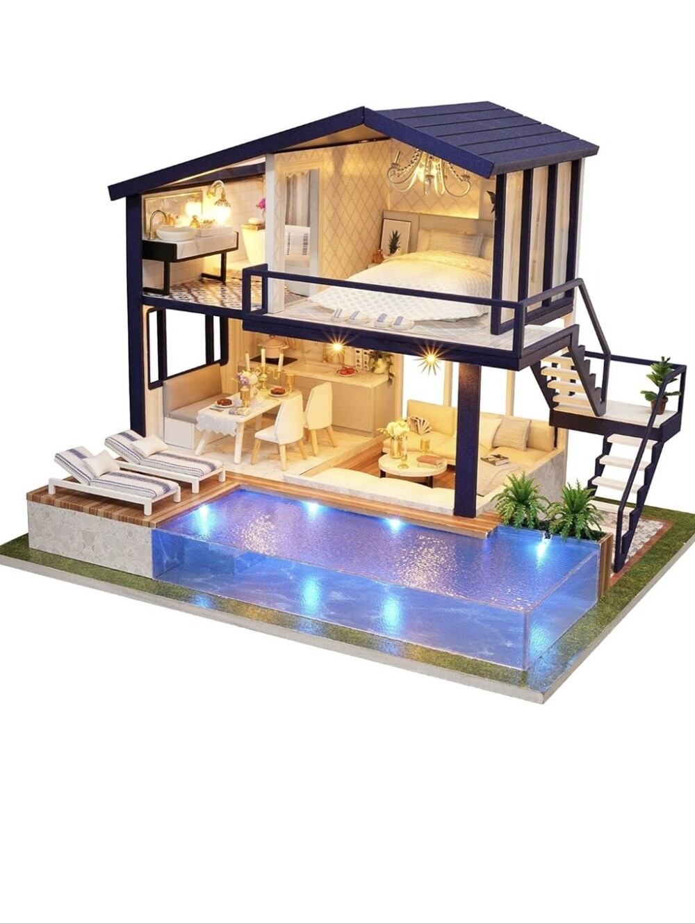 Modern Blue & White Dollhouse with Lighted Pool - Picture 2 of 16